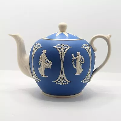 Buy Copeland Cameo Jasperware Tea Pot, Victorian Pottery, Blue & White, Antique • 48£