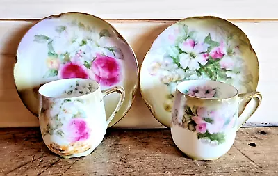 Buy Vintage Bavarian Tea Cups Saucers Pink Gold Floral Hand Painted Set Of 2 • 27.02£