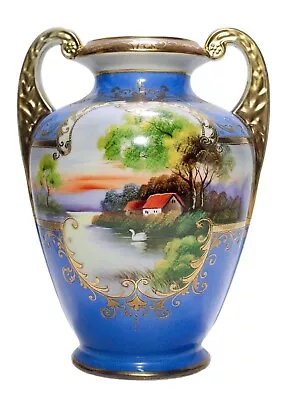 Buy NORITAKE Nippon Japan Hand Painted Scenic Gold Gilt Double Handle Porcelain Vase • 134.18£