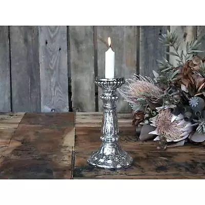 Buy Antique Silver Finish Glass Candlestick Pearl Edge • 14.95£