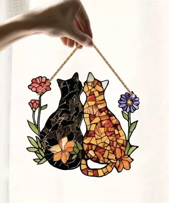 Buy Suncatcher Stained Art Hanging Decoration - Cute Cat Kitten & Flowers 10 X 10 Cm • 5.95£