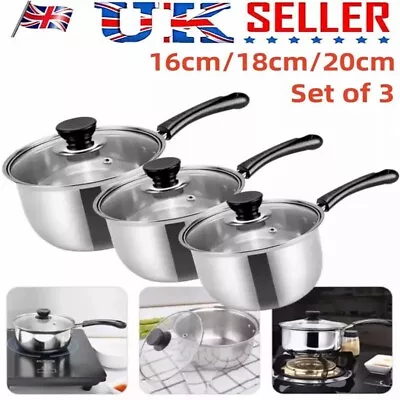 Buy 3Pcs/Set Induction Non Stick Stainless Steel Cookware Kitchen Glass Lids Pot Pan • 13.98£