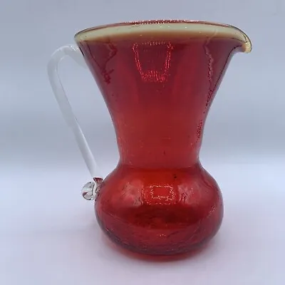 Buy VTG Red Amberina Blown Crackle Glass Vase Cream Pitcher Applied Clear Handle ~6” • 11.93£