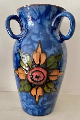 Buy Royal Torquay Pottery Mottled Blue And Flower In Relief Blue Three Handle Vase • 20£