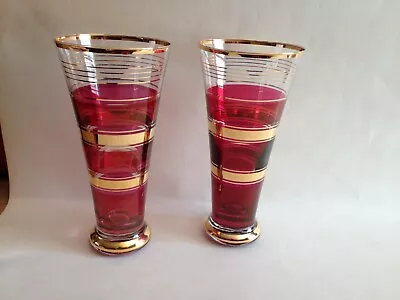 Buy 2 Vintage Cranberry & Gold Banded Glass Tumblers • 9.99£