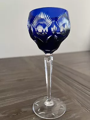 Buy Bohemian Crystal Wine Glass Cut To Clear Blue Cobalt Vintage • 7£