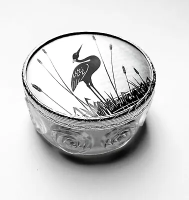 Buy Glass Trinket Dish With A Silhouette Heron  Illustration On A Metal Lid • 12£