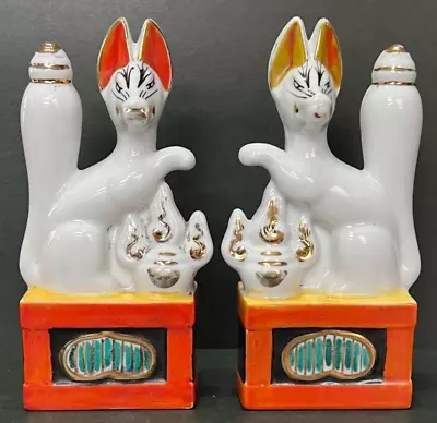 Buy Folk Art Clay Pair Fox Pottery Kamidana Inari Ornament Shrine Good Luck From JP • 119.29£