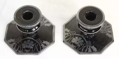 Buy Antique Black Glass Candle Holders Silver Overlay Octagon Shape Victorian Glass • 27.95£