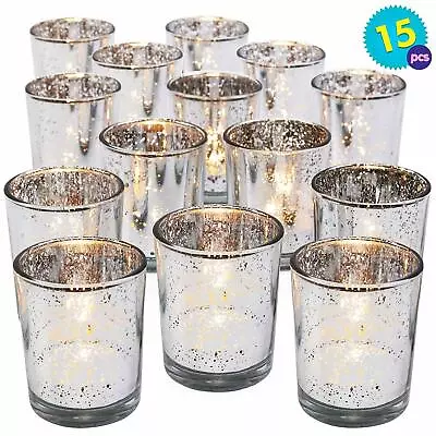 Buy 15 Glass Tea Light Candle Holders Votive Home Wedding Decor Red/Silver Speckled • 15.99£