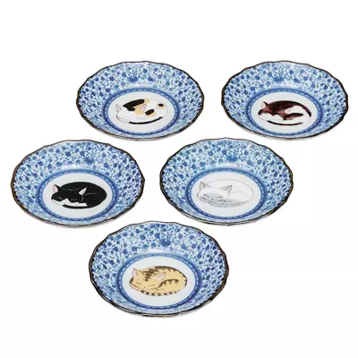 Buy Kutani Yaki Ware Japanese Plate Dish Set Of 5 Sleeping Cat Nemuri Neko Japan • 74.29£