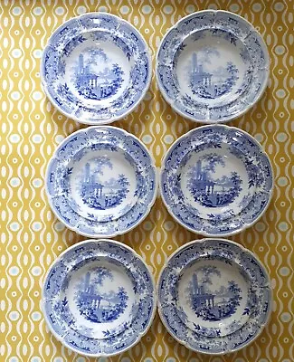 Buy 1820s Six Staffordshire Blue & White Transferware Dessert Plates. Egypt Pattern • 95£