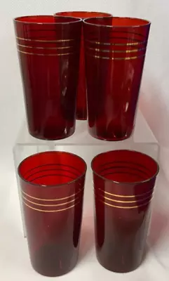 Buy Set Of 5- Rare Vintage/Depression - Ruby Red Glasses With Gold Trim - 1930's • 32.62£