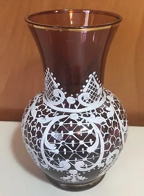 Buy Vintage Depression Amethyst Glass Hand Painted Vase 3.75  • 18.64£