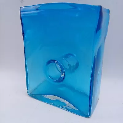 Buy Hand Blown Vase Vintage Scandinavian Style Blue Glass Square Doughnut Hole • 39£