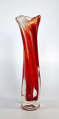 Buy Vintage Red & Clear Glass  Bud Twisted Vase Handblown 22.5 Cm Tall VGC • 22.72£