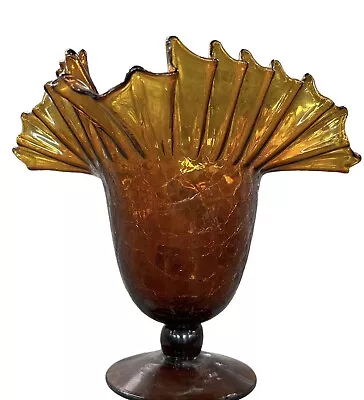Buy Blenko Jonquil Footed Vase Ruffled Cracked Glass 8  Vintage Honey Pre 1967 MCM • 60.68£