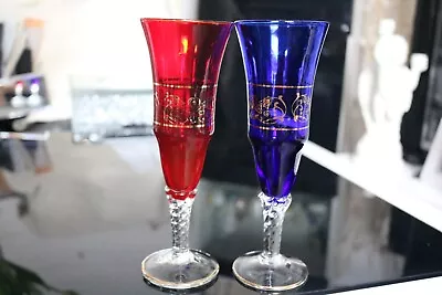 Buy 2 X Vintage Bohemian Cobalt Blue & Ruby Red Gilded Twisted Stem Champagne Flutes • 16£
