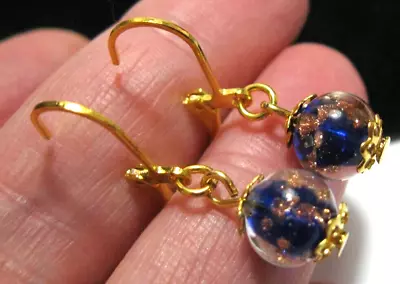 Buy Cobalt Blue Venetian Italian Murano Glass Gold Foil Bead Vintage Style EARRINGS • 14.50£