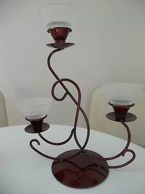 Buy Dark Red Lustre Three Arm Candelabra With Glass Saucers • 9.95£