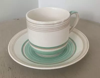 Buy Mid Century Gray's Pottery Green & Beige Banded Coffee Cup & Saucer • 14.99£