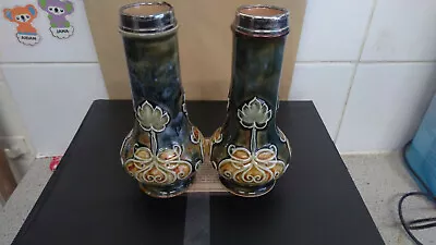 Buy ROYAL DOULTON Early 1900s Pair Of Stoneware Vases Hallmarked Silver Rim. Ex Con. • 34.49£