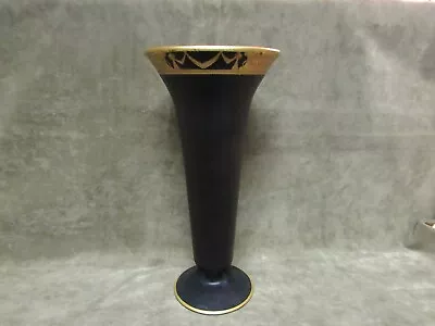 Buy Art Deco 1920's Tiffin Glass Black Amethyst Satin Tall Flared Vase W/Gold Decor • 146.78£