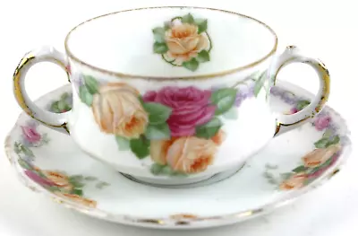 Buy Antique Pink Rose Double Handled Teacup Saucer Floral Coffee Cup Thomas Bavaria • 51.25£