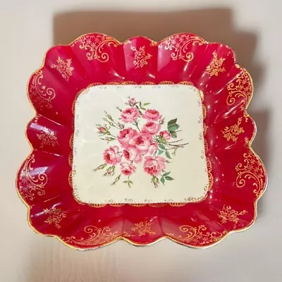 Buy Red Staffordshire Old Foley James Kent Square Sandwich Plate Pink Roses Dish • 28£