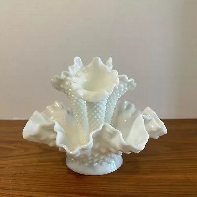 Buy Vintage Fenton Hobnail Milk Glass Epergne Ruffled Bowl 3 Horned Vase, Art Glass • 51.25£