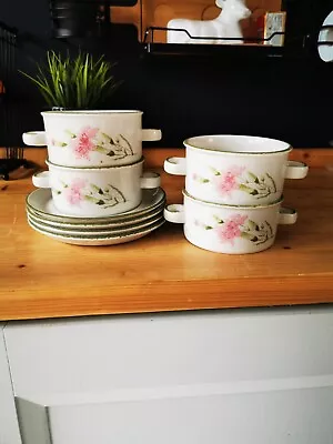 Buy Four Soup Bowls And Plates By Stonehenge Midwinter Pottery, Rare Pink Carnation. • 5£