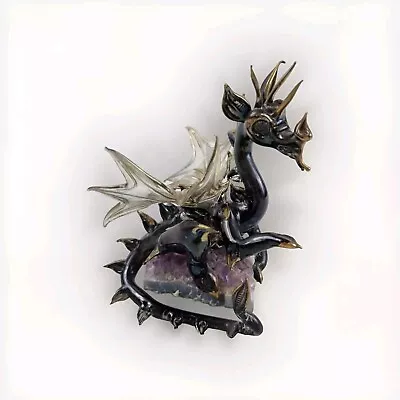 Buy Dragon Figurine Winged Blown Glass On Amethyst Crystal 4.5  Ornament • 29£