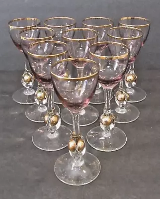 Buy Set Of 10 Jozef Stanik MCM Amethyst Czech Glass & Gold Ball Stem Cordial Glasses • 125.81£