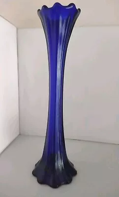 Buy Vintage Vase Cobalt Blue Glass Tall And Slim Fluted Top 38cm High. • 12.50£