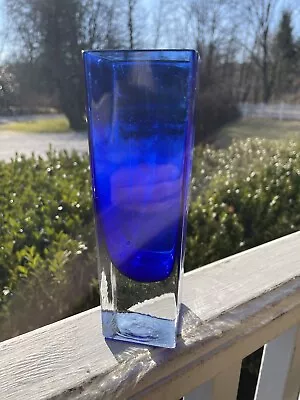 Buy Art Glass Cobalt Blue And Clear Glass Cased Square Modern Flower Vase • 13.97£