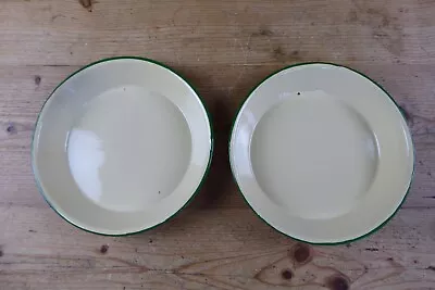 Buy 2 Vintage Enamel Cream Ware 9.5  Pie Dishes Vgc Cream/Green • 8£