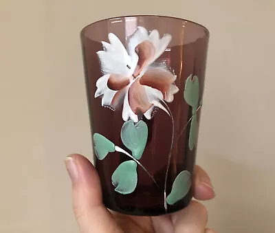 Buy Antique Vintage Amethyst Glass Water Glass W/ Handpainted Enamel Flower • 13.98£