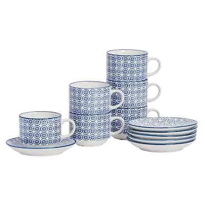 Buy 12 Piece Hand-Printed Stacking Teacups & Saucers Set Tea Coffee Cups 260ml Navy • 16£