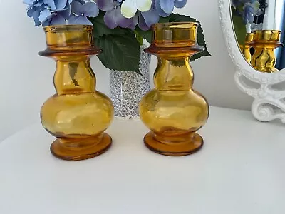 Buy Vintage Pair Tamara Aladin Riihimaki Amber Glass Hyacinth Bulb Vases • 35£