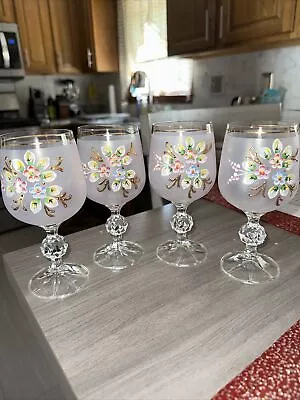 Buy New Vintage Bohemian Crystal Czech Republic Hand Painted Frosted Wine Glasses 4 • 55.91£