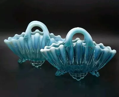 Buy Pair Antique Davidson Blue Pearline Glass 'Brideshead' Footed Baskets C.1900 • 24.26£