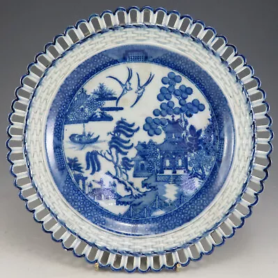 Buy Antique Pottery Pearlware Blue Transfer Willow Pattern Basket-Weave Plate 1800 • 33£