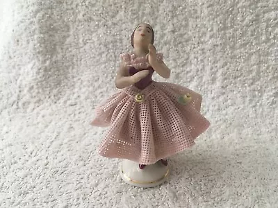 Buy Vintage Dresden Dancing Girl Figurine, With Pink Filigree Lace Dress • 15£