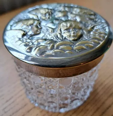 Buy Edwardian, Crystal Glass Baccarat Style Silver Topped Dressing Table Jar ~Angels • 15£