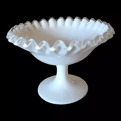 Buy Vintage Fenton Silver Crest Milk Glass Crimpled Rim Pedestal Bowl Candy Dish • 27.02£