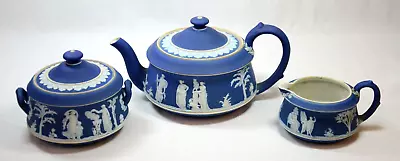 Buy RARE Antique WEDGWOOD Cobalt Blue Jasperware Tea Set Teapot Cream Sugar (JLP) • 371.84£