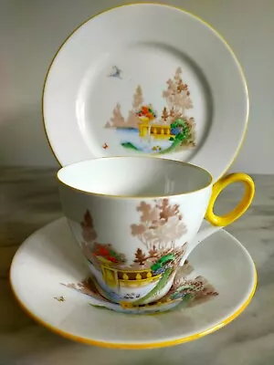 Buy Shelley Teacup Trio In Oxford Shape Lake And Balcony Pattern • 65£