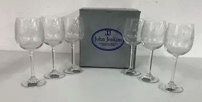 Buy Six JOHN JENKINS Crystal Cut Glass Wine Glasses Boxed Floral Design #A1 • 12.50£