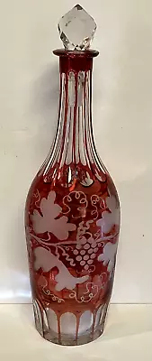 Buy Antique - Bohemian - Ruby Etched Glass  Decanter - Grape Vine Decor • 23.34£