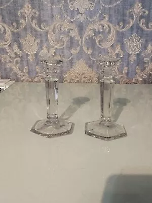 Buy Pair Of Crystal Clear Glass Hexagonal Candlestick Holders Vintage • 30£